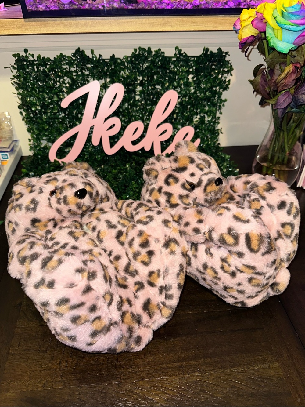 Plush Pink Cheetah Bear Slippers—One Size